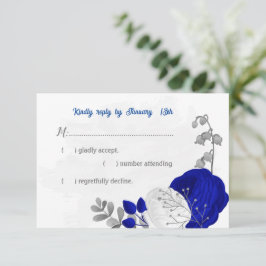 royal blå &vita blommor silver botaniska bröllop OSA kort