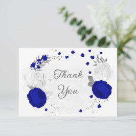 royal blå &vita blommor silver botaniska bröllop tack kort