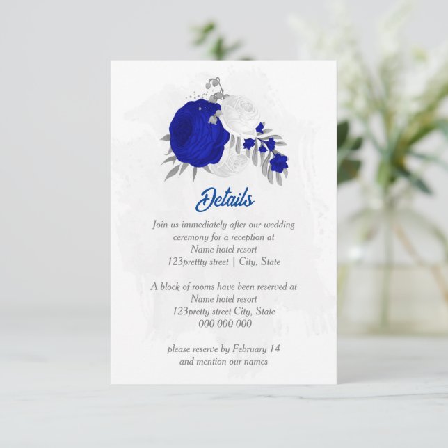 royal blå &vita blommor silver botaniska bröllop tilläggskort (Stående Fram)