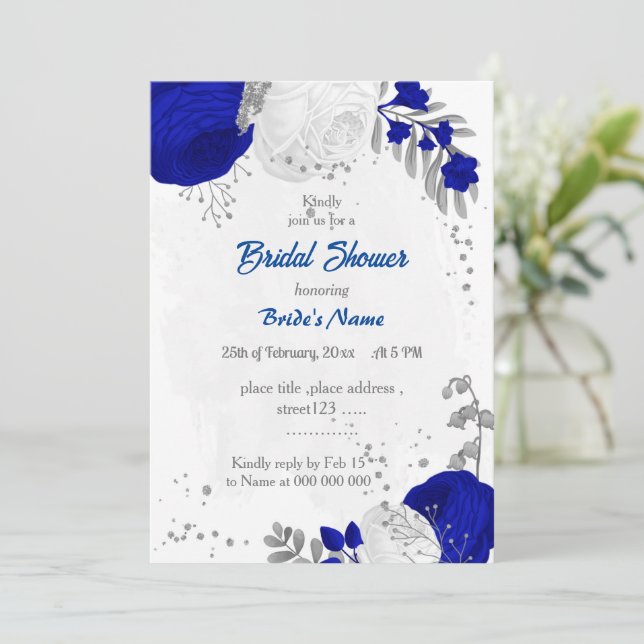 royal blå &vita blommor silver möhippa inbjudningar (Stående Fram)