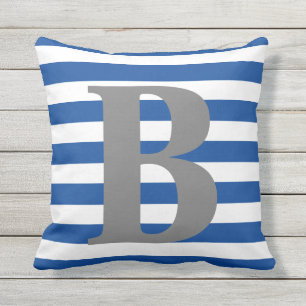 Royal Blå vita Rand Monogram inledande kvadrat Kudde