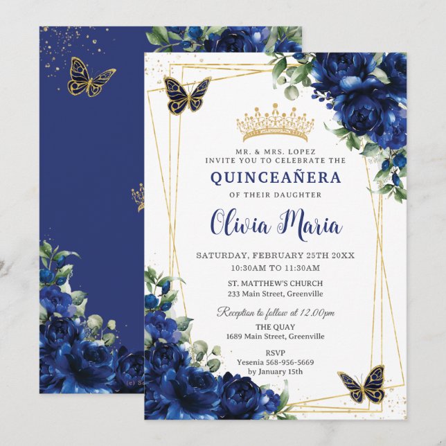 Royal Blåa blommor Blommigt Quinceañera Butterflie Inbjudningar (Fram/baksida)