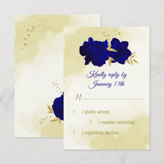 Royal blåa blommor guld botaniska bröllop OSA kort (Fram/baksida)