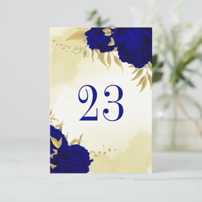Royal blåa blommor guld löv bordsnummer (Stående Fram)