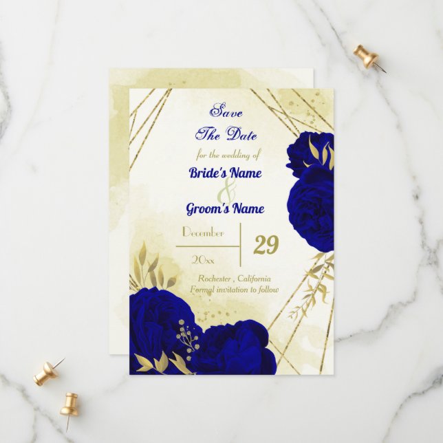 Royal blåa blommor guld löv spara datumet (Fram/Back In Situ)