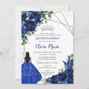 Royal Blåa blommor Princess Silver Quinceañera Inbjudningar