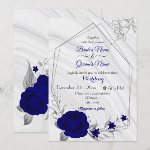 royal blåa blommor silver bröllop invita inbjudningar