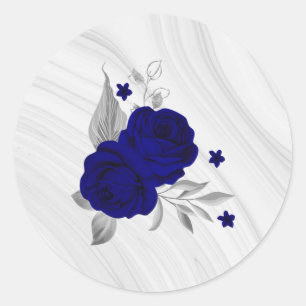 royal blåa blommor silver löv marble runt klistermärke