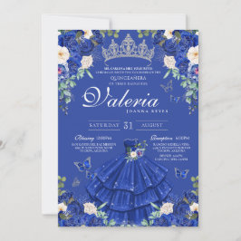 Royal Blåblå Ro-fjäril Silver Quinceanera Inbjudningar