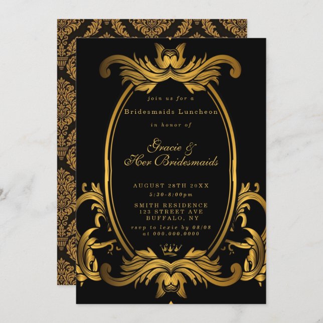 Royal Black Guld Bridesmaids Luncheon-inbjudan (Fram/baksida)