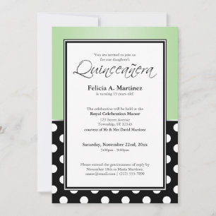 Royal Black Polka Dot Grönt Quinceañera-inbjudan Inbjudningar