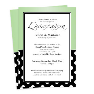 Royal Black Polka Dot Grönt Quinceañera-inbjudan Inbjudningar