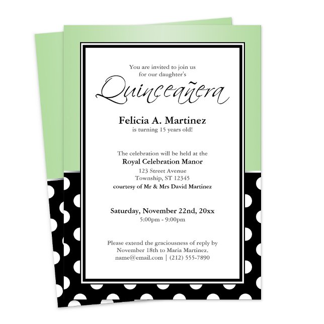 Royal Black Polka Dot Grönt Quinceañera-inbjudan Inbjudningar (Royal Black Polka Dot Green Quinceanera Invitation at Quinceanera Event on Zazzle.)