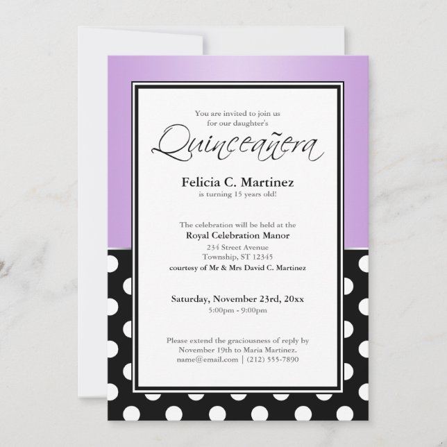 Royal Black Polka Dot Lila Quinceañera Inbjudningar (Framsida)