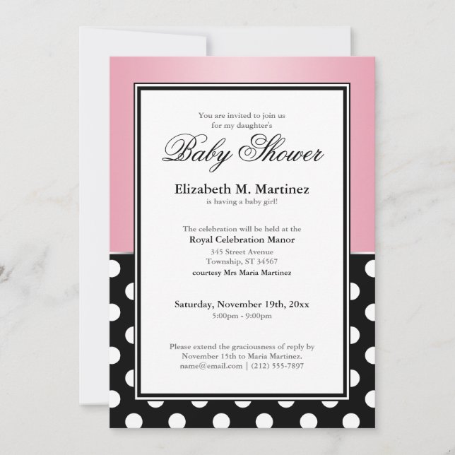 Royal Black Polka Dot Rosa Baby Shower-inbjudninga Inbjudningar (Framsida)