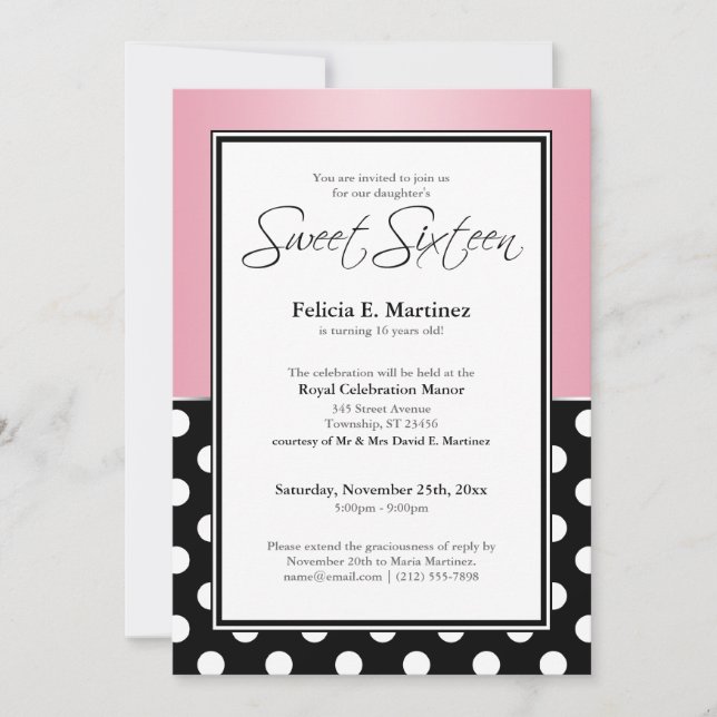 Royal Black Polka Dot Rosa Sweet sixteen Inbjudningar (Framsida)