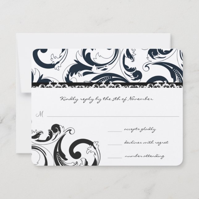 Royal Black Swirls Bröllop RSVP OSA Kort (Baksida)