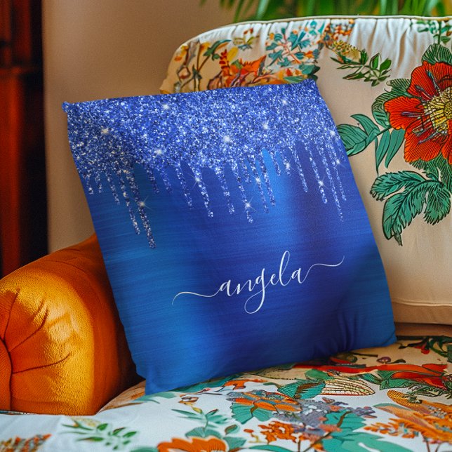 Royal Blådroppning Glitter Glam Namn Kudde (Royal Blue Dripping Glitter Glam Name Throw Pillow)