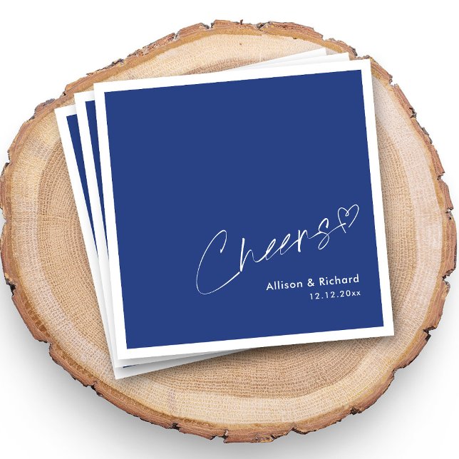 Royal blått och vitt | Cheers Hand-Lettered Bröllo Pappersservett (Personalized Royal Blue & White _ Cheers Hand-Lettered Wedding Napkins With Names and Date)