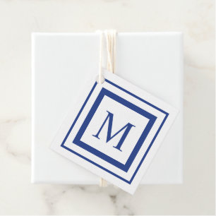 Royal blått och vitt kvadratiskt gräns monogram gåvor etiketter