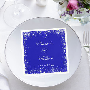Royal blått silver glitter namn hjärta bröllop pappersservett
