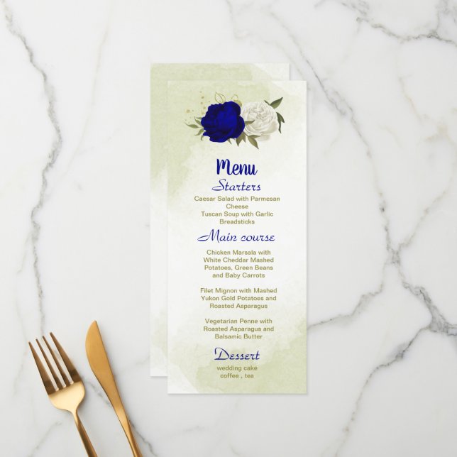 royal blåvita blommor grönt löv bröllop meny (Fram/Back In Situ)