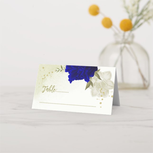 royal blåvita blommor grönt löv bröllop placeringskort (Framsida)