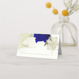 royal blåvita blommor grönt löv bröllop placeringskort