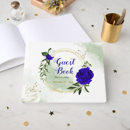 royal blåvita blommor guld-utandning bröllop gästböcker