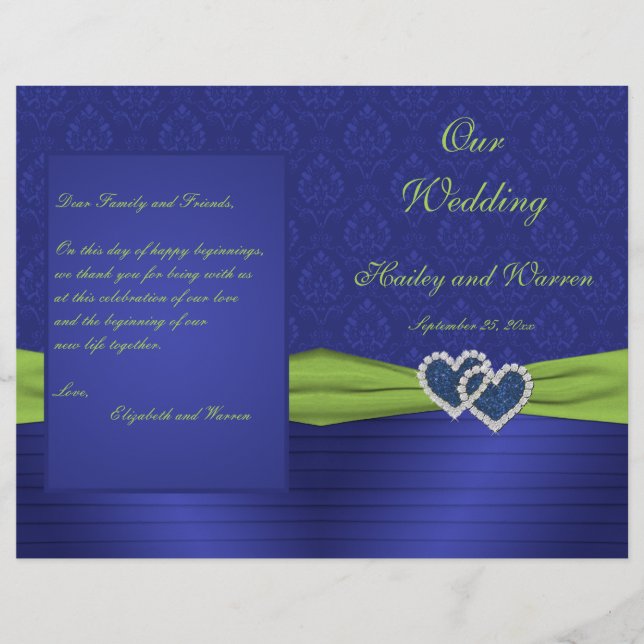 Royal Blue and Chartreuse Damask Wedding Program (Framsida)