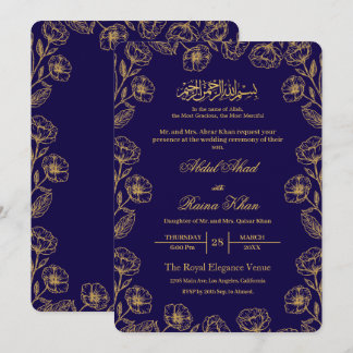  Royal Blue and Gold Floral Islamic Muslim Wedding Inbjudningar