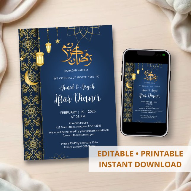 Royal Blue and Gold Islamic Floral Geometric Iftar Inbjudningar (Skapare uppladdad)