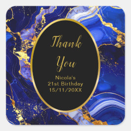 Royal Blue and Gold Marble Agate Birthday Party Fyrkantigt Klistermärke
