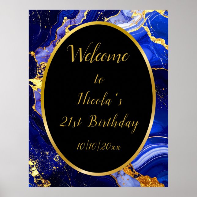 Royal Blue and Gold Marble Agate Birthday Party Poster (Framsidan)