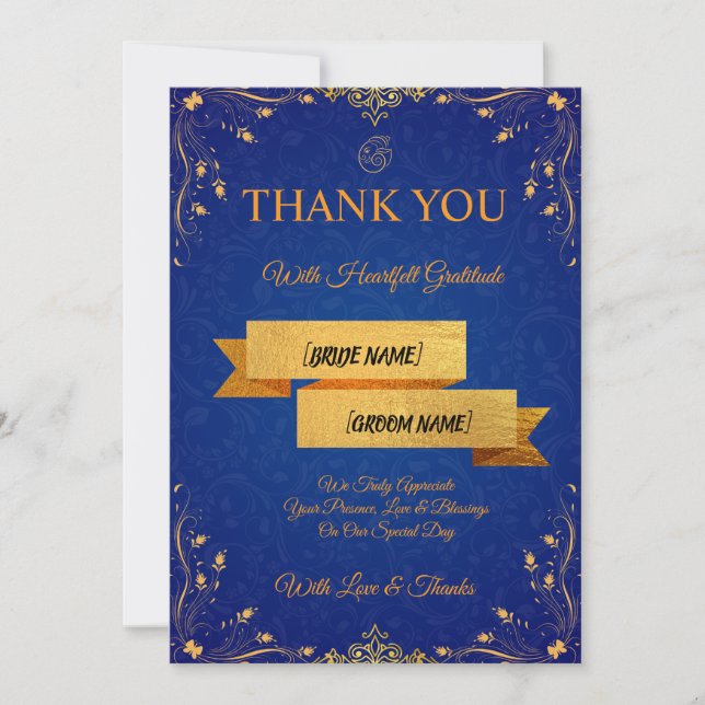 Royal Blue and Gold Wedding Thank You Card Tack Kort (Framsida)