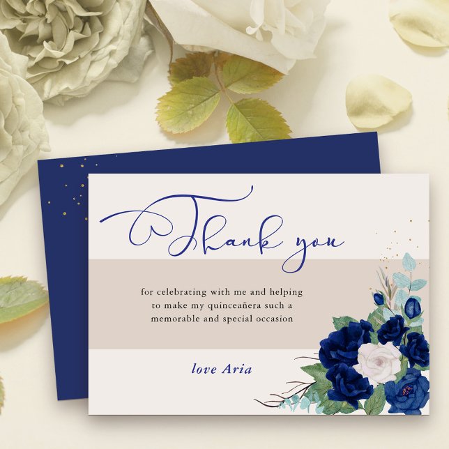 Royal Blue and Ivory Ro Elegant Calligraphy Tack Kort (Elegant Thank You card with sweet calligraphy and royal navy blue and ivory rose blooms)