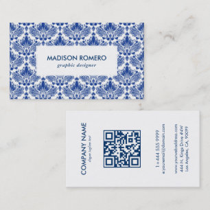 Royal Blue and White Damasker Mönster QR-kod Visitkort