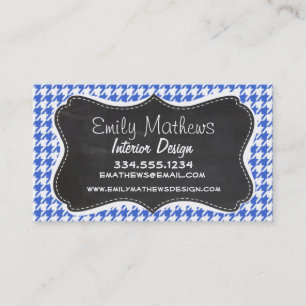 Royal Blue and White Houndstooth; Chalkboard-utsee Visitkort