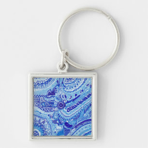 Royal Blue and White Ming stil mönster art Fyrkantig Silverfärgad Nyckelring