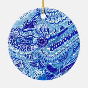 Royal Blue and White Ming stil mönster art Julgransprydnad Keramik