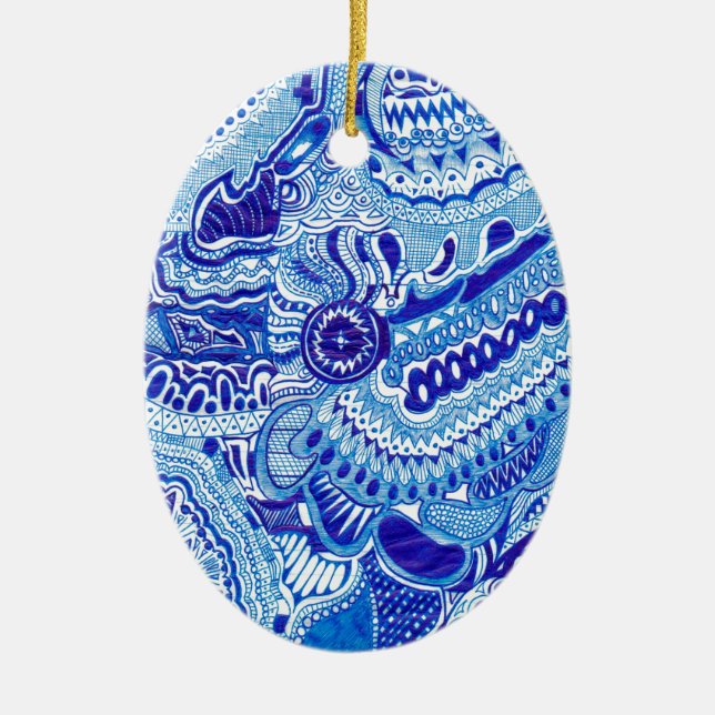 Royal Blue and White Ming stil mönster art Julgransprydnad Keramik (Framsidan)