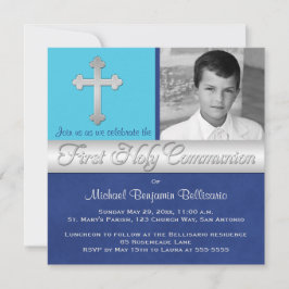 Royal Blue, Aqua 1st Heliga Communion Photo Inbjud Inbjudningar