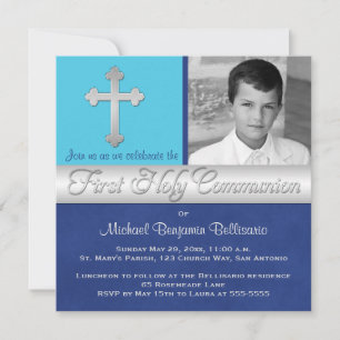 Royal Blue, Aqua 1st Heliga Communion Photo Inbjud Inbjudningar