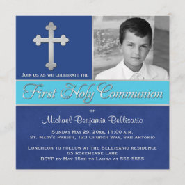 Royal Blue, Aqua 1st Heliga Communion Photo Inbjud Inbjudningar