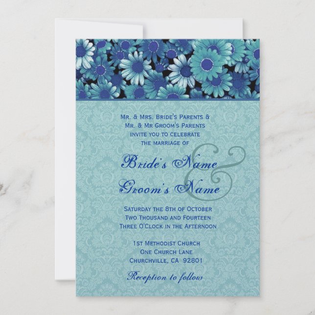 Royal Blue & Aqua Daisy Bröllop Premium Metallic Inbjudningar (Framsida)