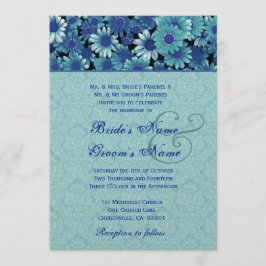 Royal Blue & Aqua Daisy Bröllop Premium Metallic Inbjudningar
