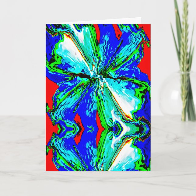 Royal Blue Aqua White på Red Blommigt Abstrakt Kort (Framsida)