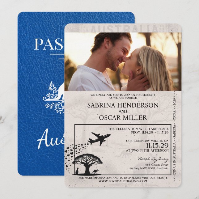 Royal Blue Australia Passport Bröllop Inbjudningar (Fram/baksida)