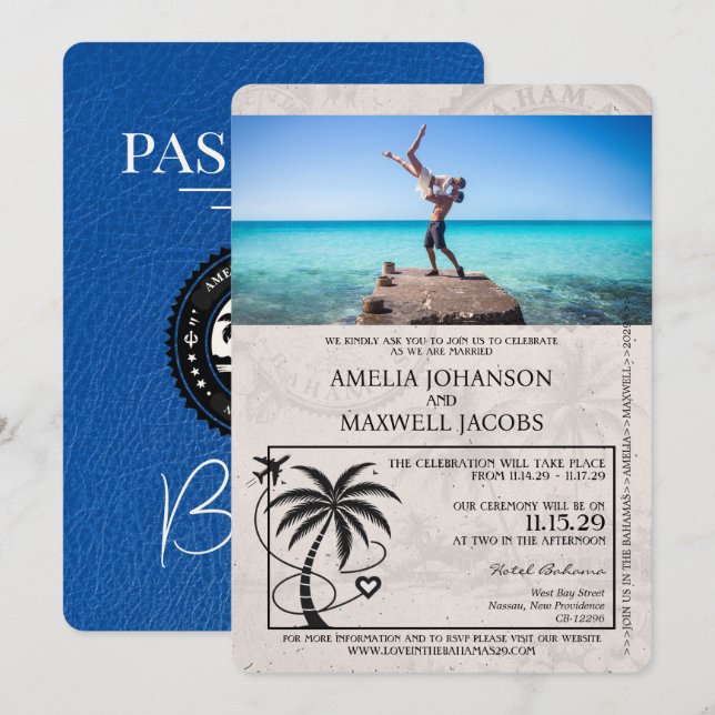 Royal Blue Bahamas Passport Bröllop Inbjudningar (Fram/baksida)