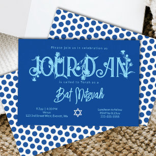 Royal Blue Bat mitzvah Blommigt, Polka dots Inbjudningar